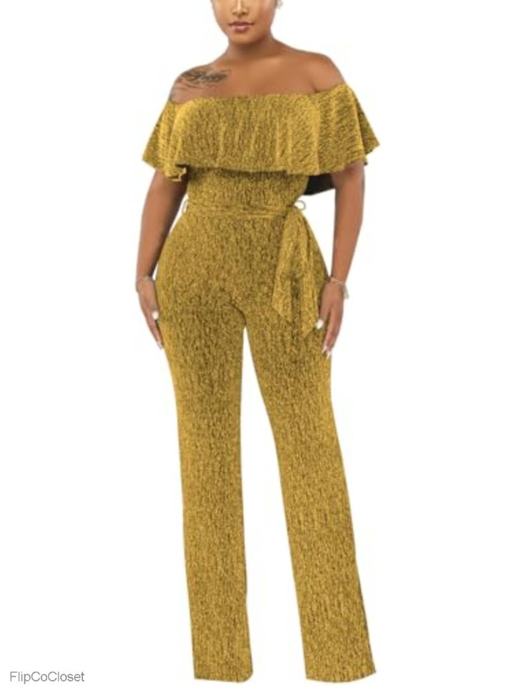 Off Shoulder Sequin Sparkly Plus Size Jumpsuit